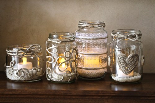 candle holders made from glass jars and jute