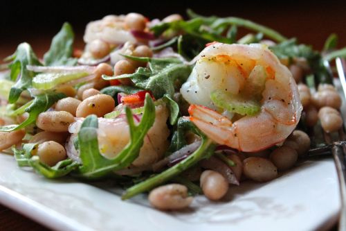 whitebean, shrimp, and arugula salad